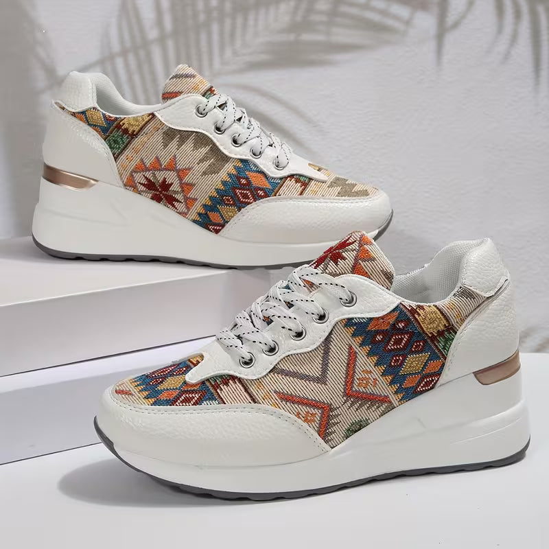 Women's boho wedge sneakers with lace-up front