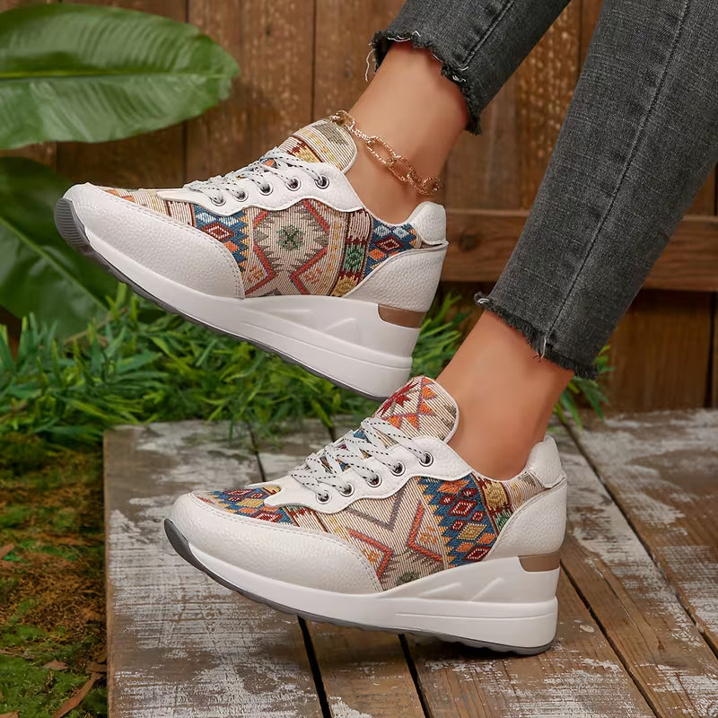 Women's boho wedge sneakers with lace-up front
