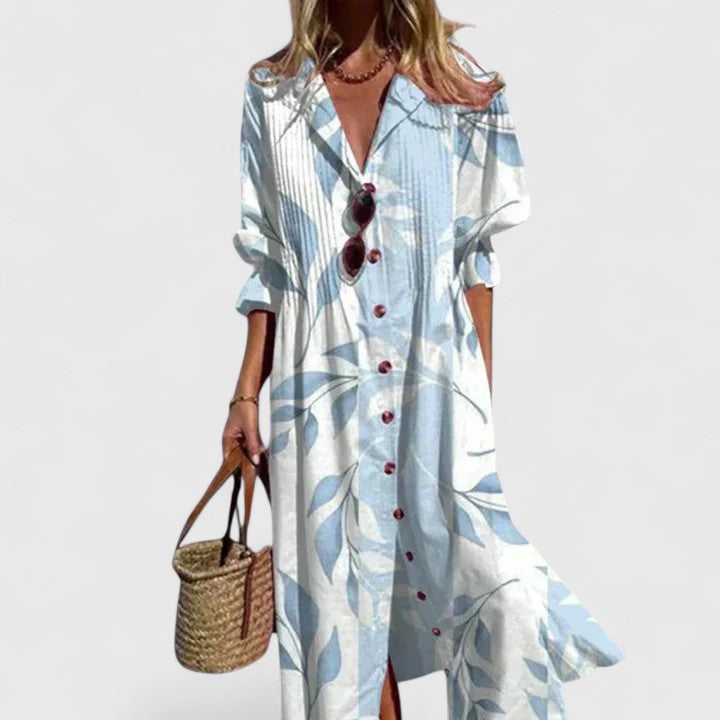 Women's boho dress with tiered skirt and V-neckline