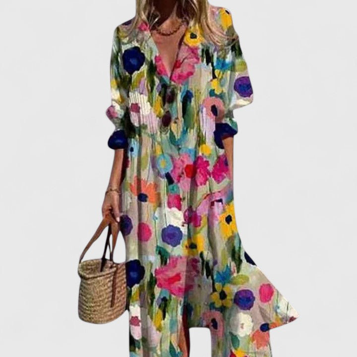 Women's boho dress with tiered skirt and V-neckline