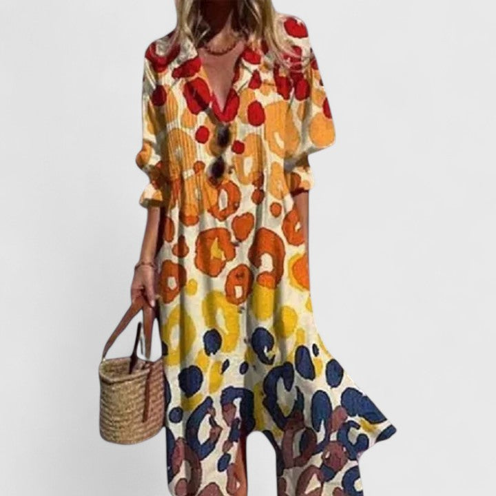 Women's boho dress with tiered skirt and V-neckline