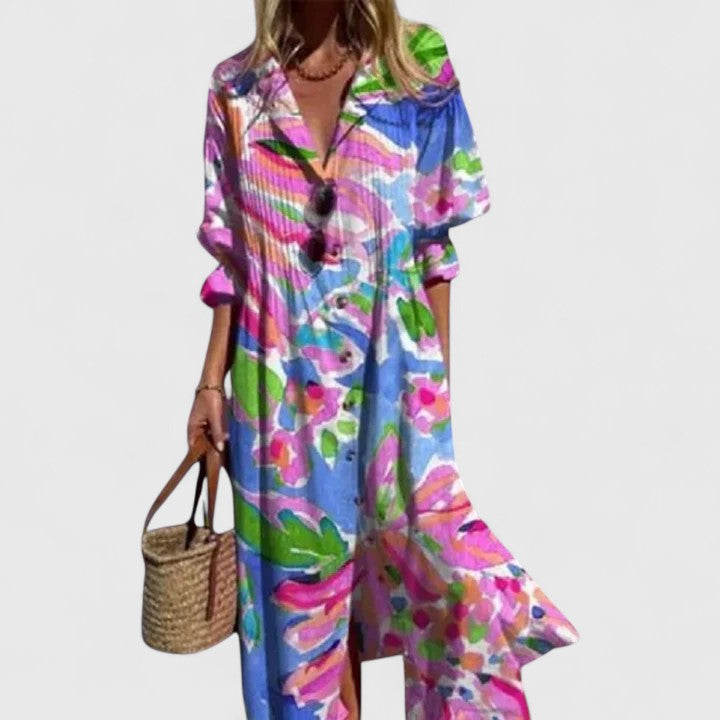 Women's boho dress with tiered skirt and V-neckline