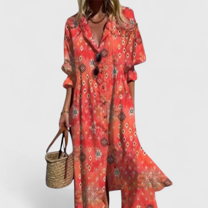 Women's boho dress with tiered skirt and V-neckline