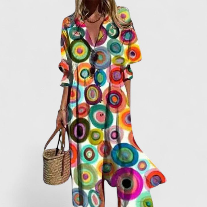 Women's boho dress with tiered skirt and V-neckline