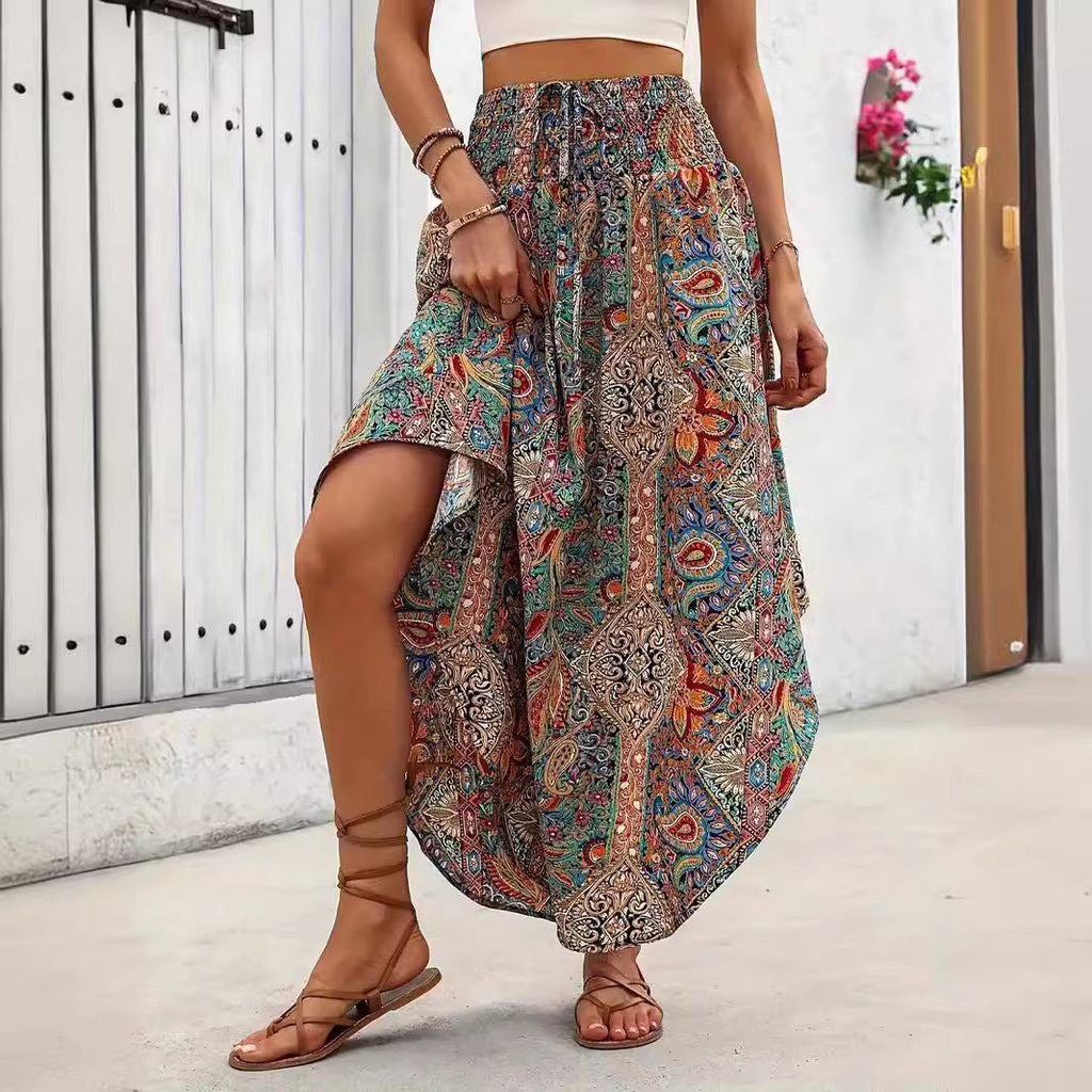 Women's boho midi skirt with lace-up waist detail