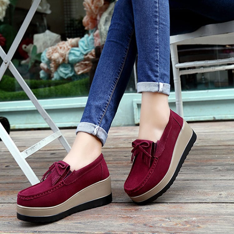 Women's bow and tassel slip-on platform shoes