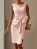 Women's bow detail midi cocktail dress with boat neckline