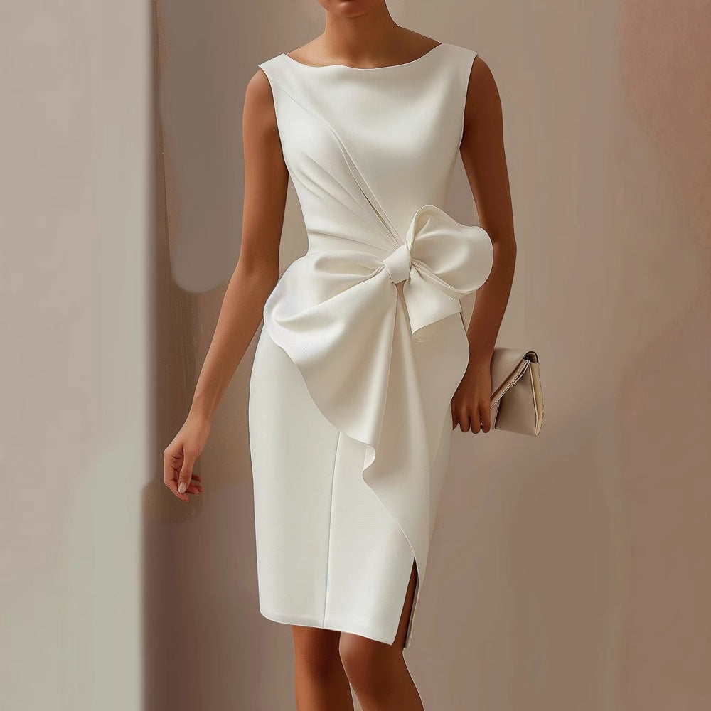 Women's bow detail midi cocktail dress with boat neckline