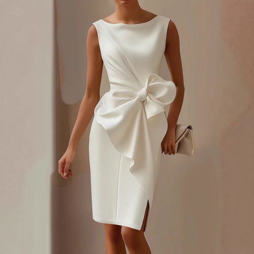 Women's bow detail midi cocktail dress with boat neckline