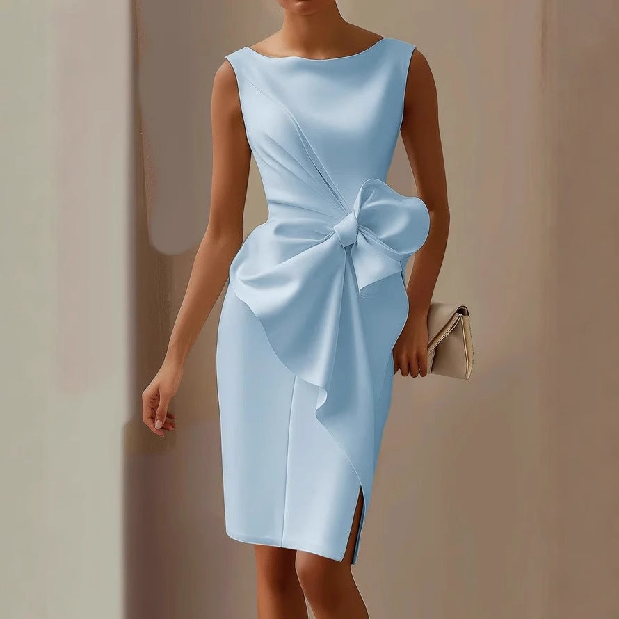Women's bow detail midi cocktail dress with boat neckline