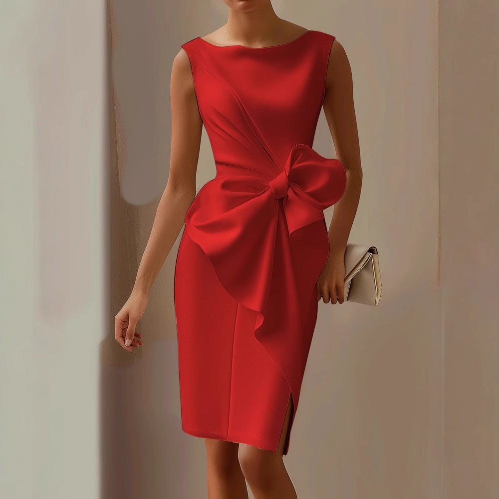 Women's bow detail midi cocktail dress with boat neckline
