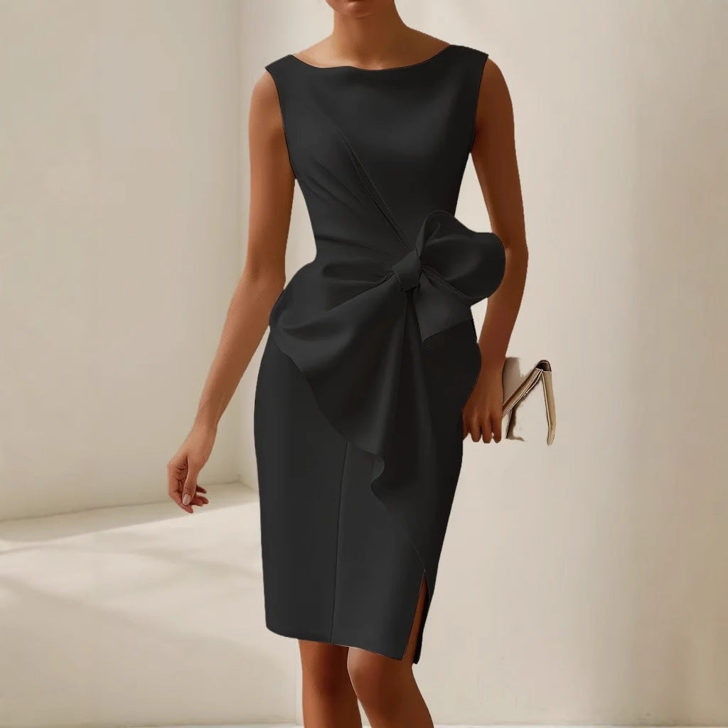 Women's bow detail midi cocktail dress with boat neckline