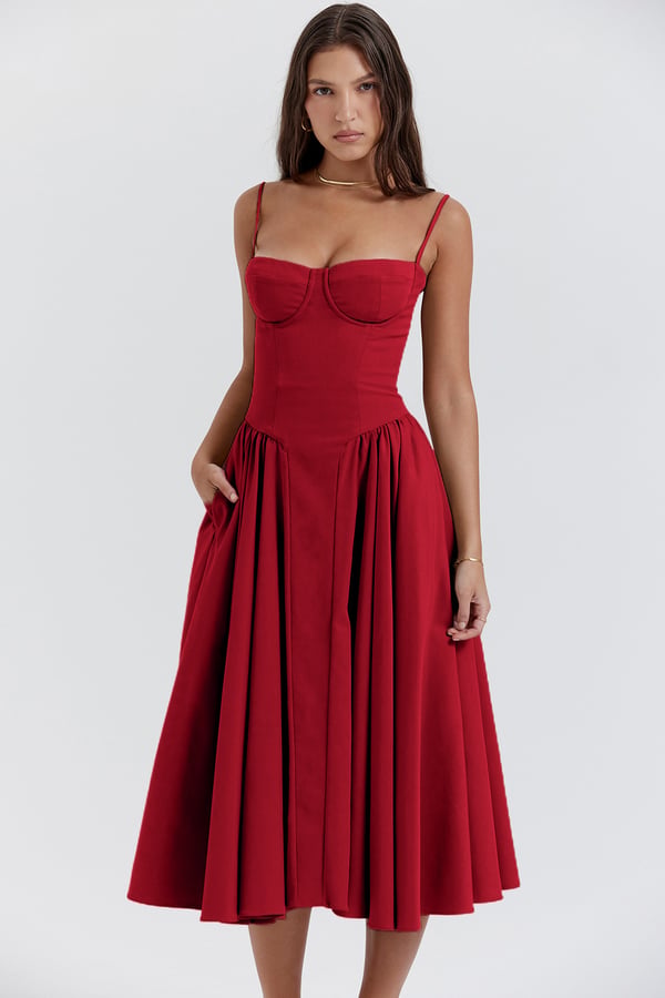 Women's bustier midi summer dress with full skirt