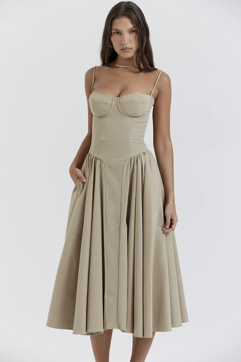 Women's bustier midi summer dress with full skirt