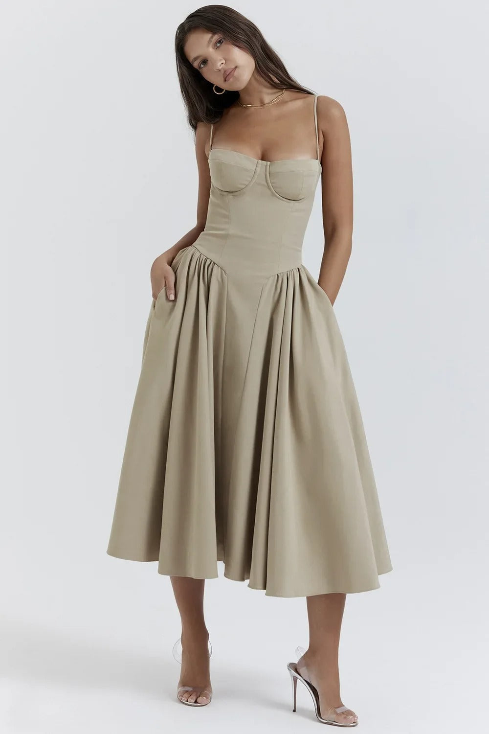 Women's bustier midi summer dress with full skirt