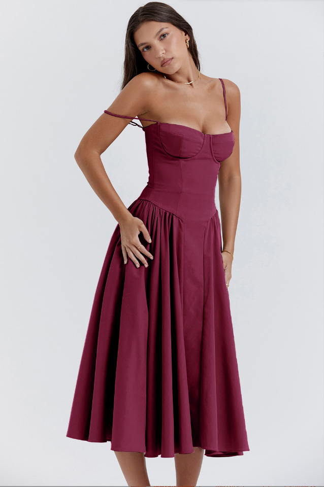 Women's bustier midi summer dress with full skirt