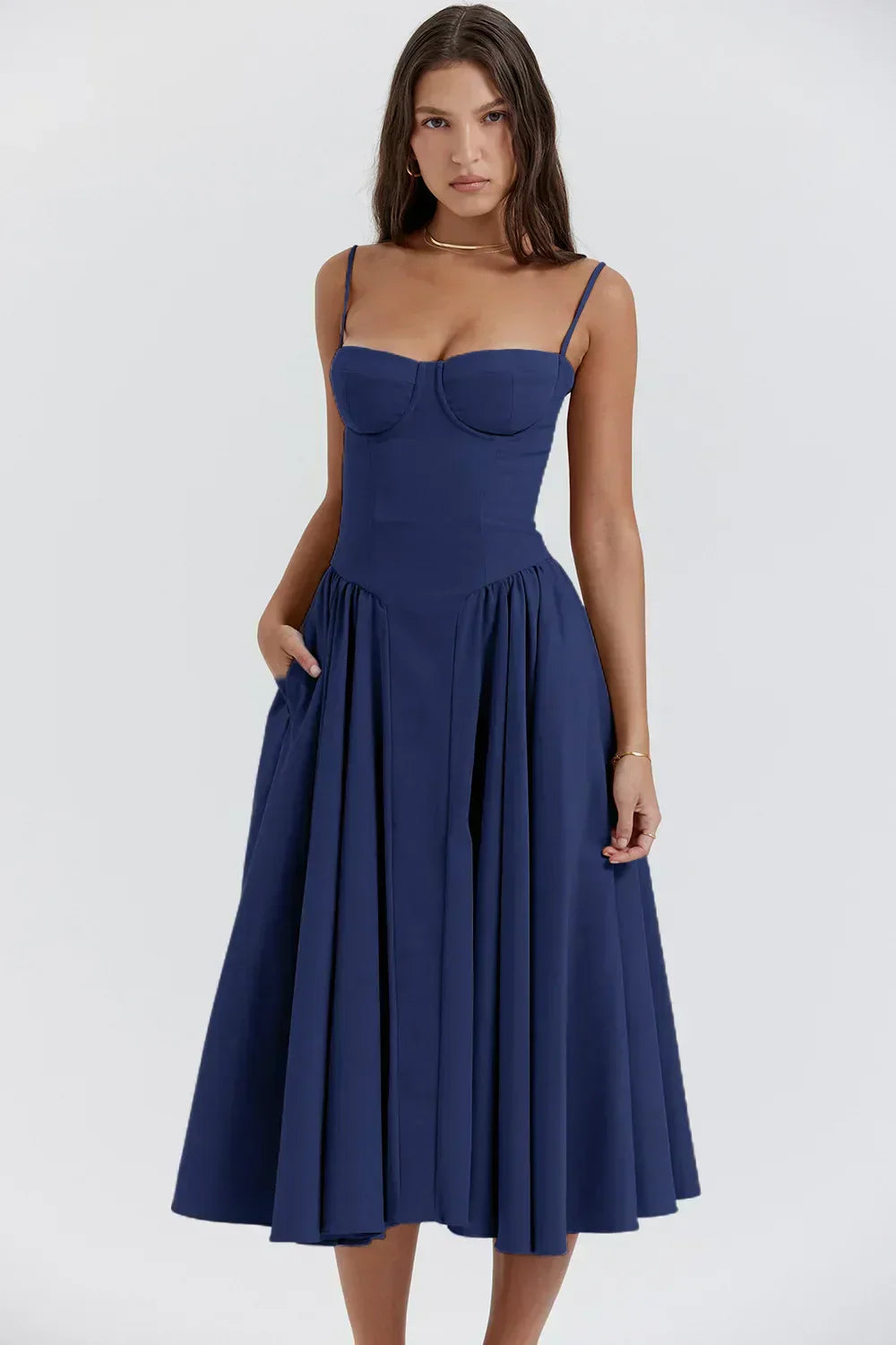 Women's bustier midi summer dress with full skirt