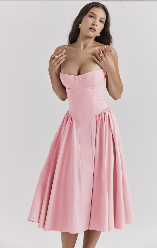 Women's bustier midi summer dress with full skirt