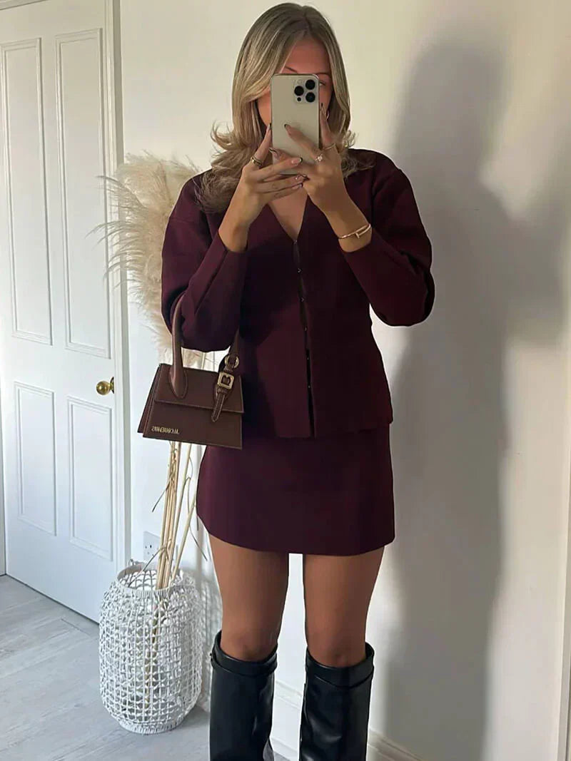 Women's long sleeve crop jacket and mini skirt set