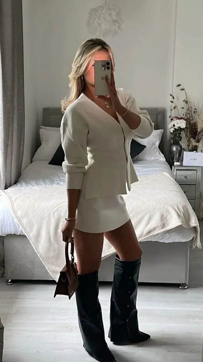 Women's long sleeve crop jacket and mini skirt set