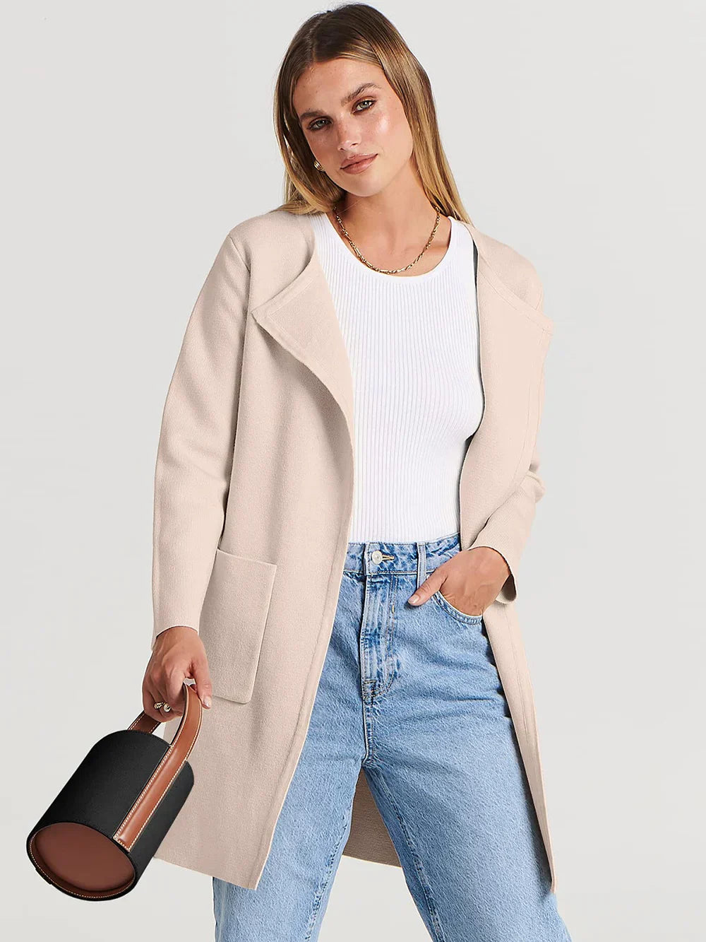 Women's coatigan with lapel collar and long sleeves