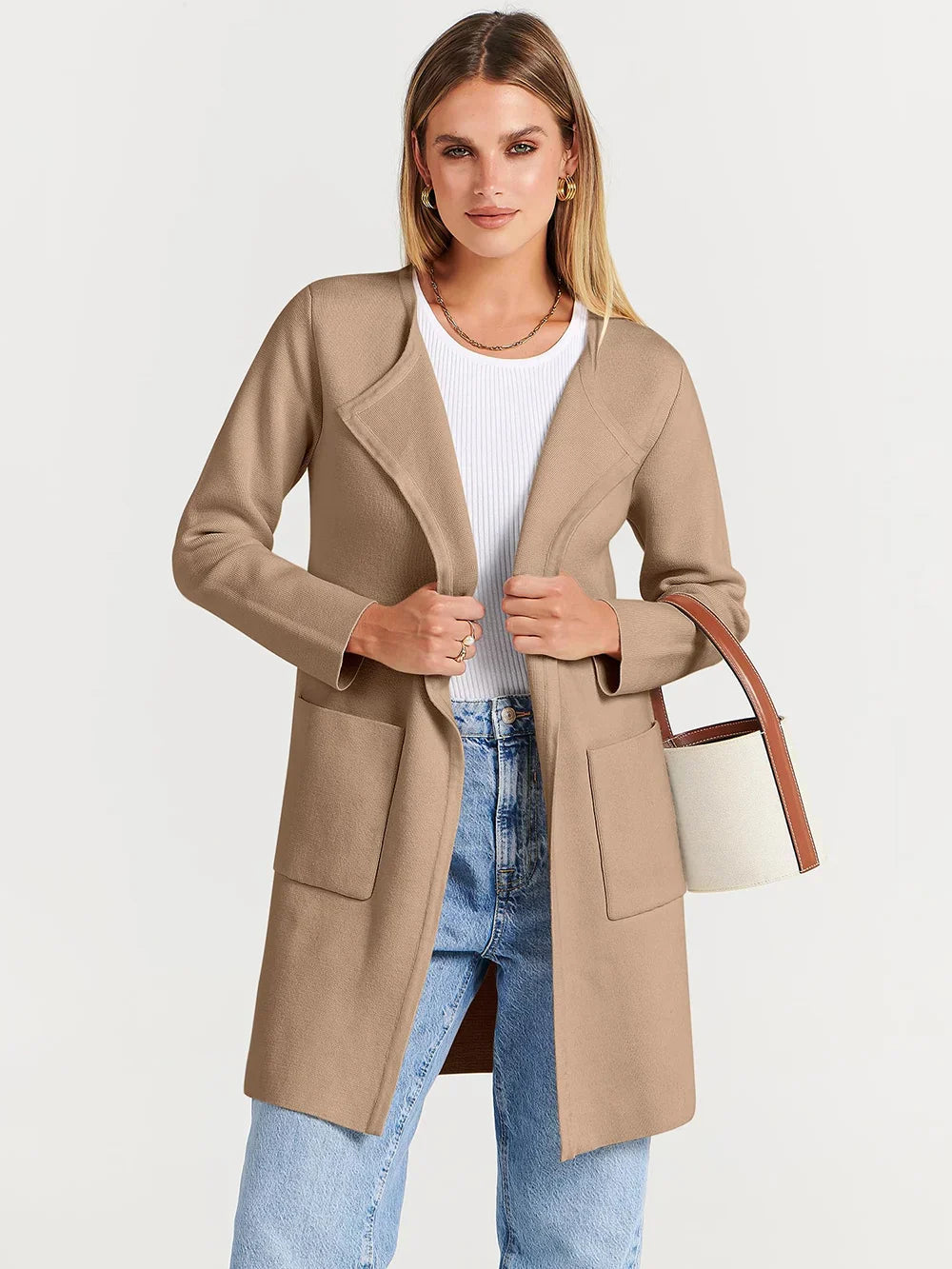 Women's coatigan with lapel collar and long sleeves