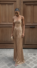 Women's corset bodice maxi evening dress with draped skirt