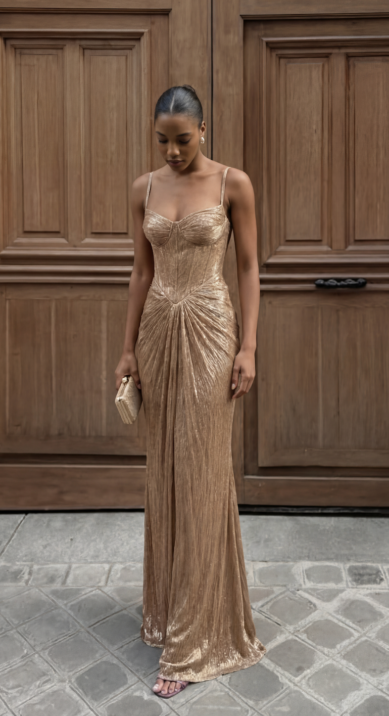 Women's corset bodice maxi evening dress with draped skirt