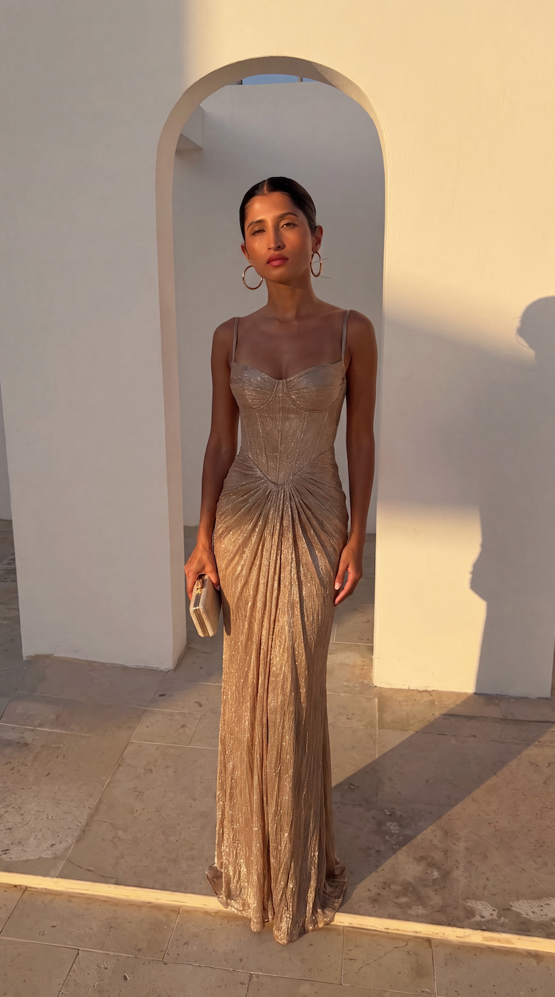 Women's corset bodice maxi evening dress with draped skirt