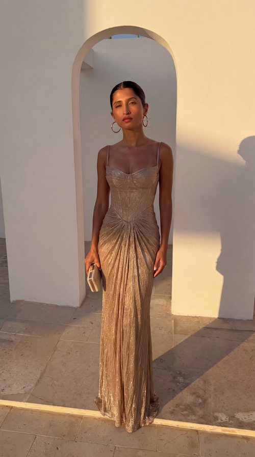 Women's corset bodice maxi evening dress with draped skirt