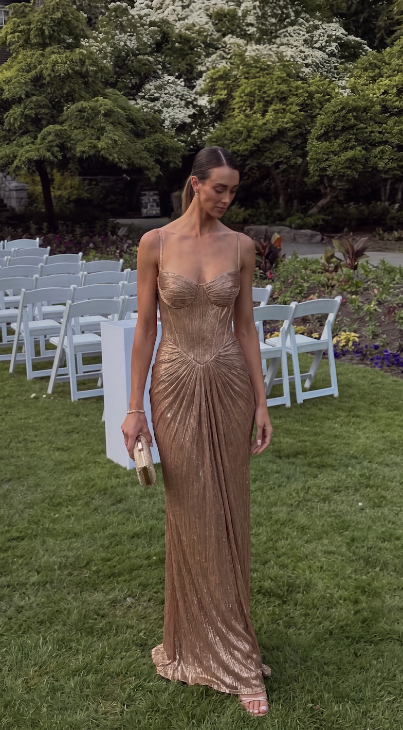 Women's corset bodice maxi evening dress with draped skirt