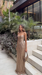 Women's corset bodice maxi evening dress with draped skirt