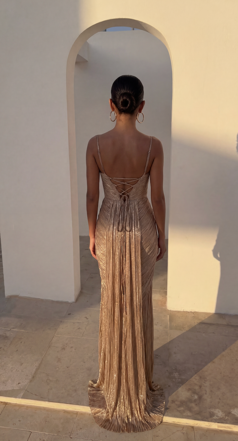 Women's corset bodice maxi evening dress with draped skirt