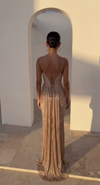 Women's corset bodice maxi evening dress with draped skirt