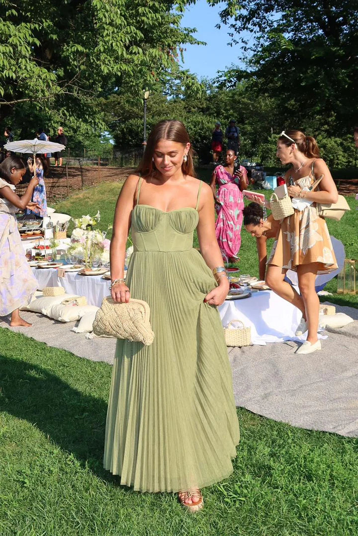 Women's corset bodice pleated maxi wedding guest dress