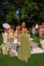 Women's corset bodice pleated maxi wedding guest dress