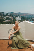 Women's corset bodice pleated maxi wedding guest dress
