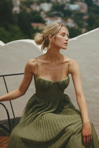Women's corset bodice pleated maxi wedding guest dress