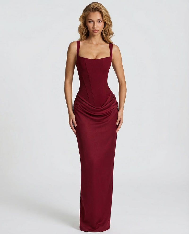 Women's corset maxi dress with draped skirt