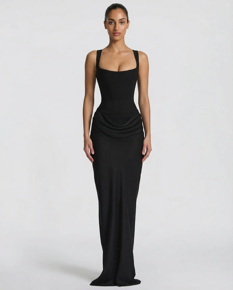 Women's corset maxi dress with draped skirt