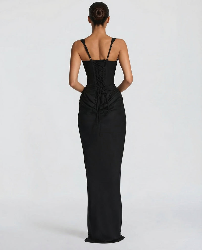 Women's corset maxi dress with draped skirt