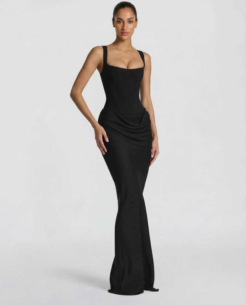 Women's corset maxi dress with draped skirt