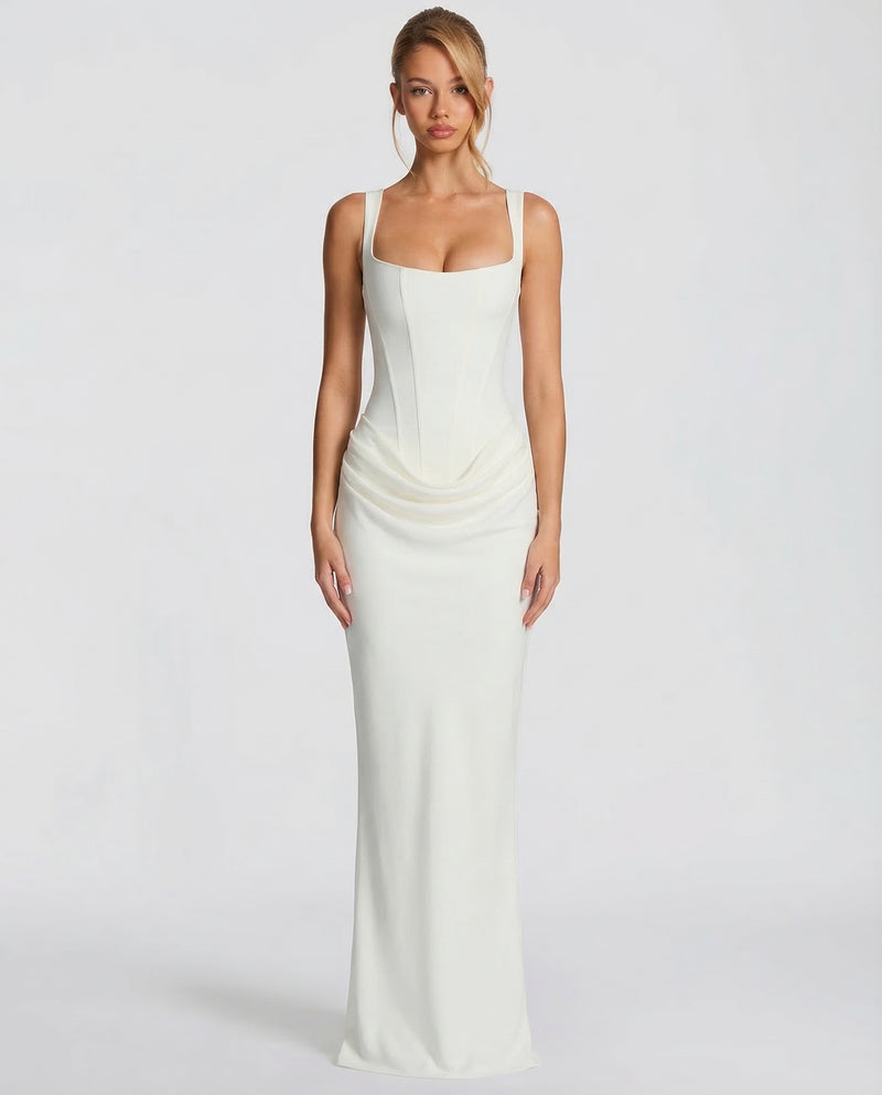 Women's corset maxi dress with draped skirt