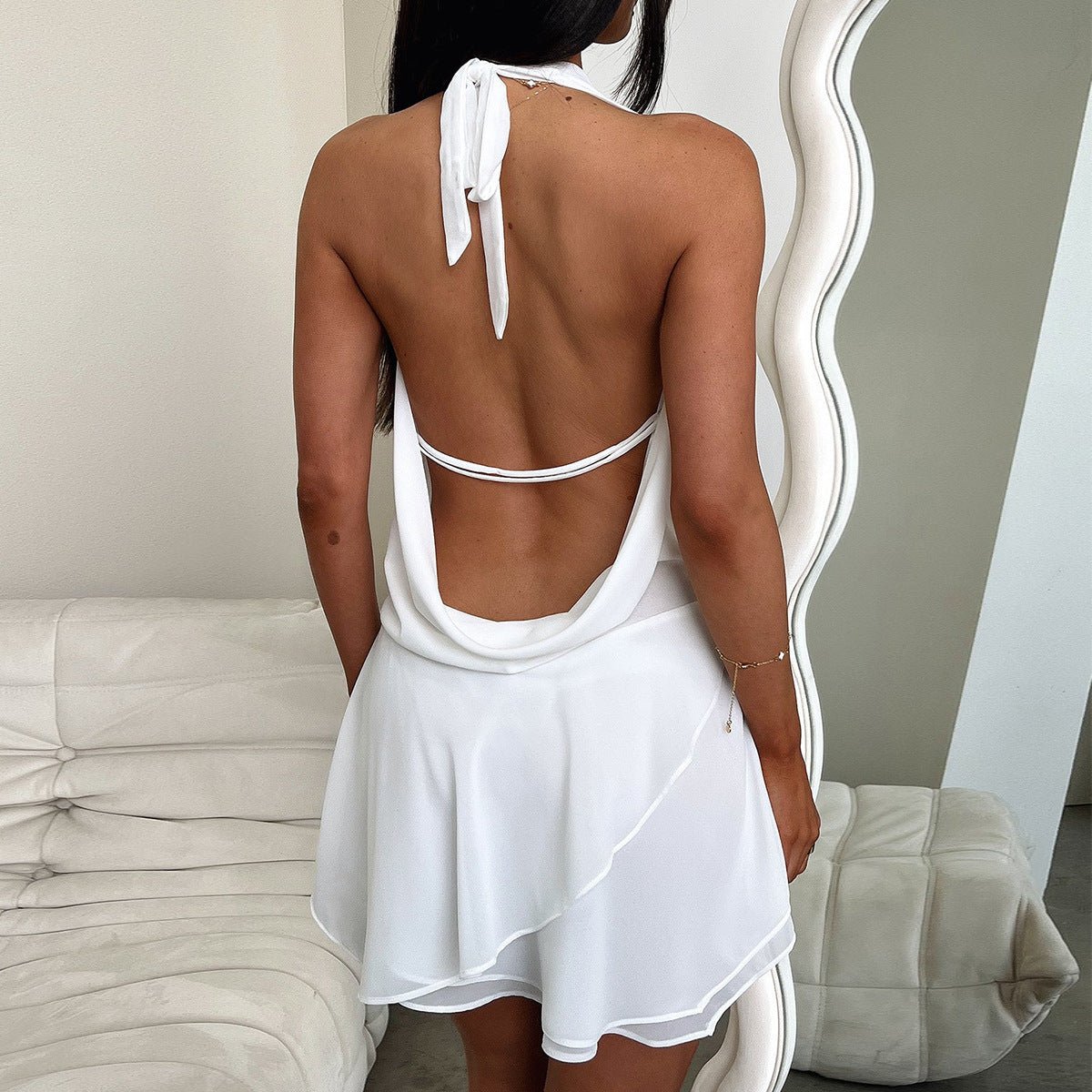 Women's cowl neck open back mini cocktail dress