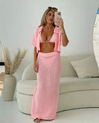 Women's open-knit cardigan and maxi skirt 2-piece set
