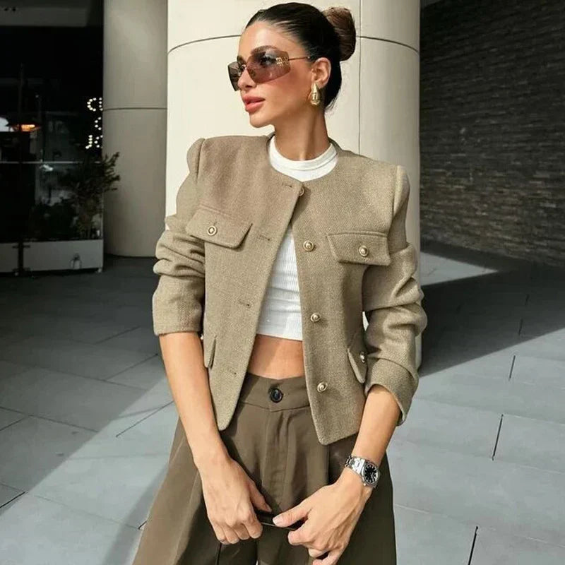 Women's cropped bomber jacket with button front and long sleeves