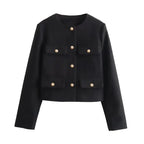 Women's cropped bomber jacket with button front and long sleeves