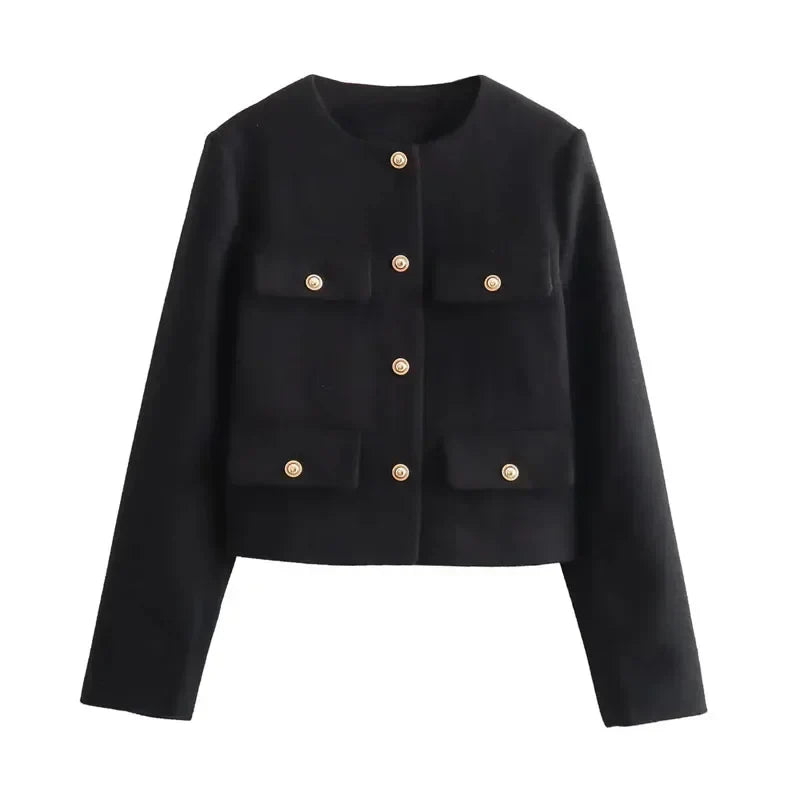 Women's cropped bomber jacket with button front and long sleeves