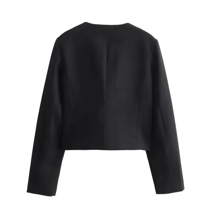Women's cropped bomber jacket with button front and long sleeves