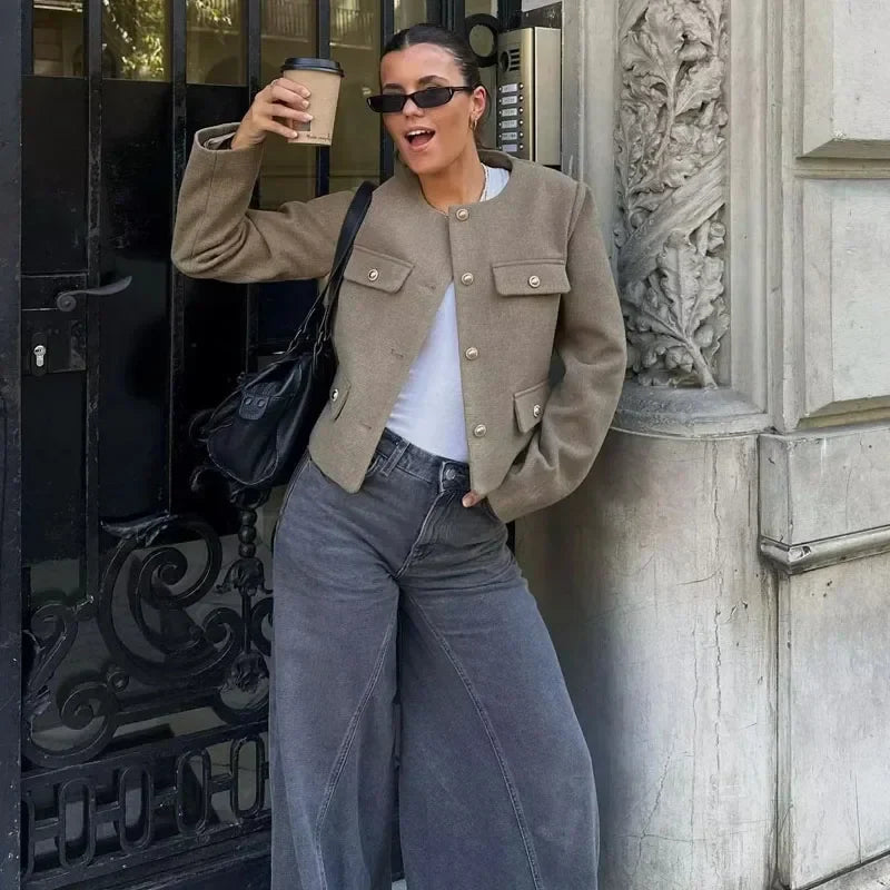 Women's cropped bomber jacket with button front and long sleeves
